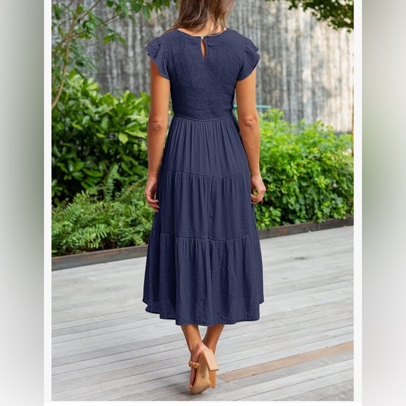MEROKEETY  Flutter Short Sleeve Smocked Midi  Summer Casual Tiered A-Line Dress - Picture 2 of 8